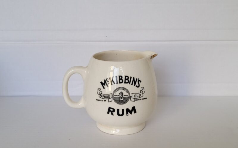 ceramic jug advertising Club Liqueur Irish Whisky and McKibbin’s Famous Old Rum.